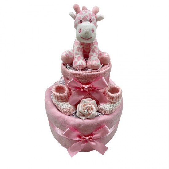 Pink/White Giraffe 2 Tier Nappy Cake