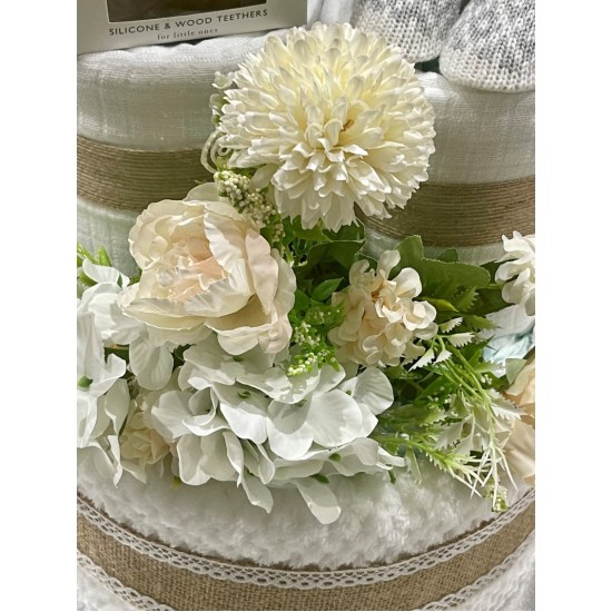 A Flowers and Lace Neutral Nappy Cake 