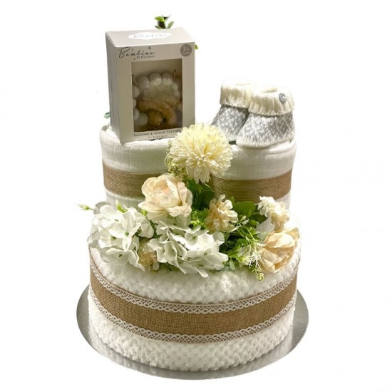 A Flowers and Lace Neutral Nappy Cake 